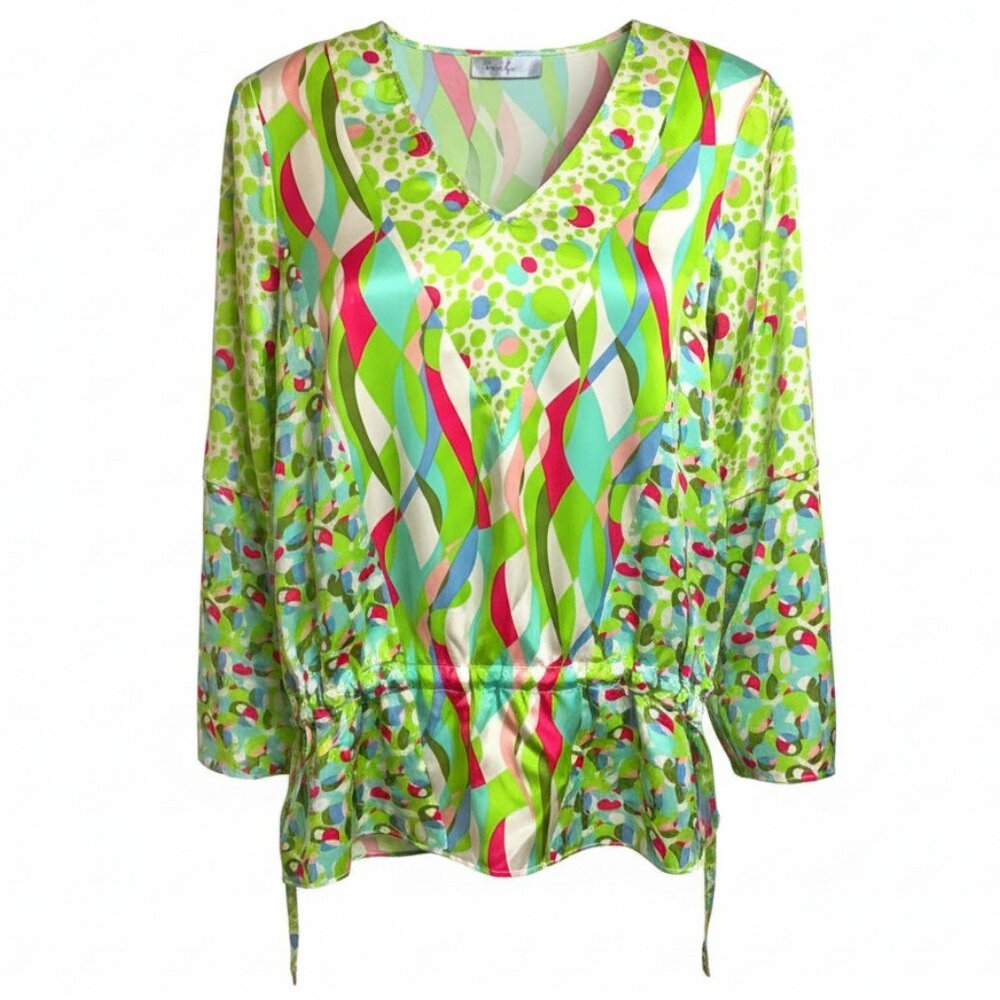 Spiegel Silk Abstract Print Bell Sleeve Drawstring Tunic Styled Blouse